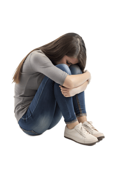 , 3d style illustration of A young woman hugs her knees and cries. isolated on transparent background png