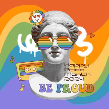 Antique statue wearing LGBT colors sunglasses with rainbow background, graffiti strokes, greeting text. Groovy Pride month greeting card. illustration. vector