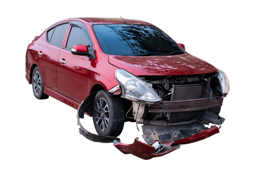 Car crash, Full body front and side view of red car get damaged by accident on the road. damaged cars after collision. Isolated on transparent background, car crash broken, File png