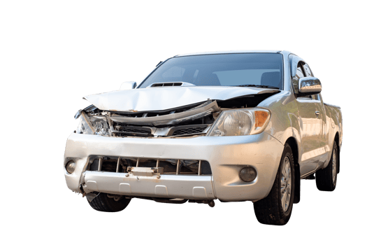 Front of gray or bronze pikup car get damaged by accident on the road. damaged cars after collision. isolated on transparent background, File png