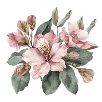 Watercolor floral bouquet, pink flowers with green leaves png