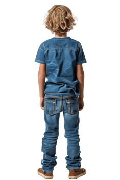 Young boy in denim outfit from behind on white background png