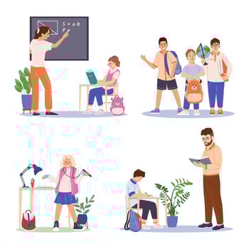 Set of cute children with backpack going back to school. Collection of funny pupils studying, learning, communicating with teacher during lesson Flat illustration isolated on white vector