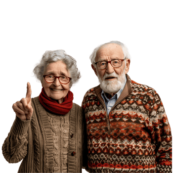 Happy elderly couple in cozy knitted sweaters sharing joy png
