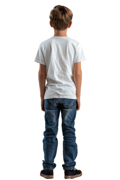 Young boy standing in jeans and white t-shirt, rear view png