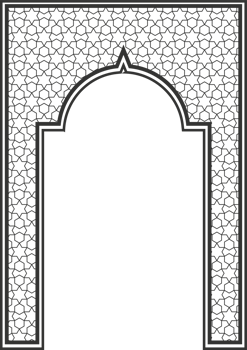 Islamic frame with arch and ornament. Ramadan gate on geometric background for wedding invitation design. Oriental decoration png