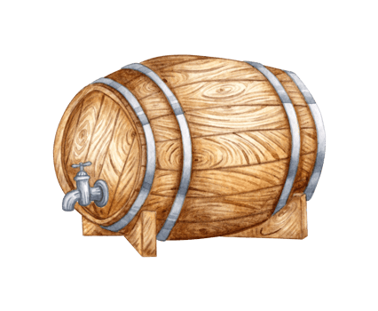 Watercolor illustration of a wooden barrel with a tap standing on its side for beer, wine, cognac, rum, brandy and other alcoholic drinks. Isolated from the background. Suitable for interior design, png