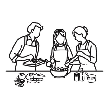 family Cooking Together outline drawing line art community care vector