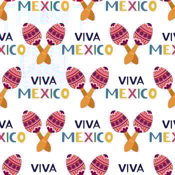 Maracas seamless pattern. Wooden musical instrument with colorful ornament, handle. Viva Mexico, shakers for celebrating carnival, fiesta. Percussion noise instrument, funny cartoon background vector