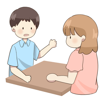 cartoon boy and girl sitting at a table, one is talking to the other png