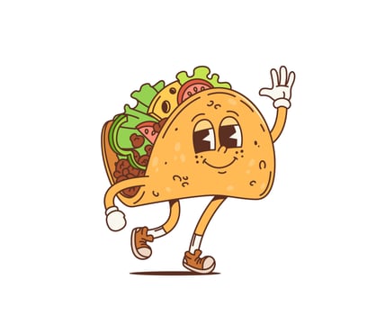 Cartoon retro Mexican taco groovy funky character vector