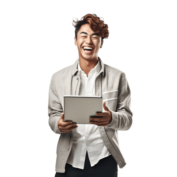 Portrait of asian young man happy smiling cheerful using tablet computer, png