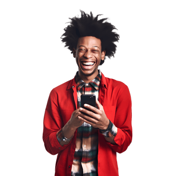 Portrait of black young man attractive cheerful amazed using smart phone png