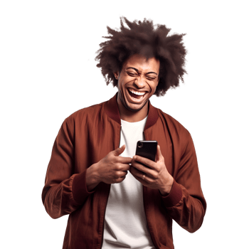 Portrait of black young man happy smiling cheerful using smart phone png