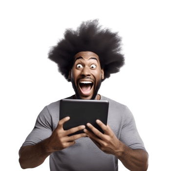 Portrait of black young man attractive cheerful amazed using tablet computer png