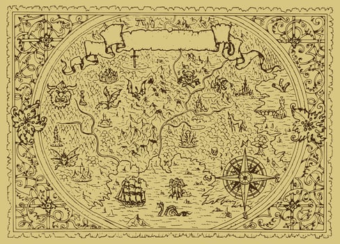 fantasy map with baroque decorative frame and mythology creatures. Hand drawn graphic illustration, old transportation background in vintage style vector