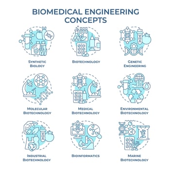 Biomedical engineering soft blue concept icons. Biotech fields. Academic disciplines. Icon pack. images. Round shape illustrations. Abstract idea. Easy to use in presentation vector