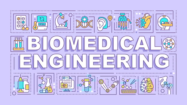 Biomedical engineering purple word concept. Biotechnology. Typography banner. Flat design. illustration with title text, editable line icons. Ready to use vector