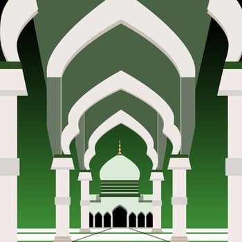 islamic mosque with green background and white pillars vector