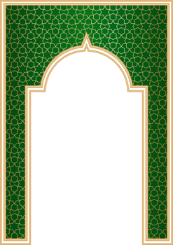 Ramadan Islamic arch frame with ornament. Muslim traditional door illustration for wedding invitation post and templates. Golden and green frame in oriental style. Persian windows shape png