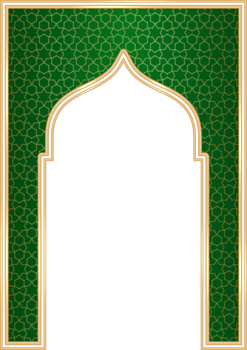Ramadan Islamic arch frame with ornament. Muslim traditional door illustration for wedding invitation post and templates. Golden and green frame in oriental style. Persian windows shape png