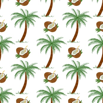 Cute hand drawn palm tree and coconut seamless pattern. Flat illustration isolated on white background. Doodle drawing. vector