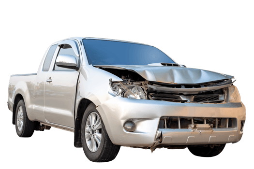Front of gray or bronze pikup car get damaged by accident on the road. damaged cars after collision. isolated on transparent background. FIle png