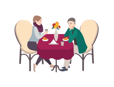 Male and female cartoon characters dressed in casual clothing sitting at table, drinking coffee and eating croissants. Romantic breakfast at cafe, morning date. Colorful flat illustration. vector
