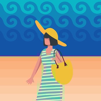 illustration summer holidays vacation. A woman on vacation, in a swimsuit, walks along the beach. Woman back view. Sea, sky, beach, tanned girl vector