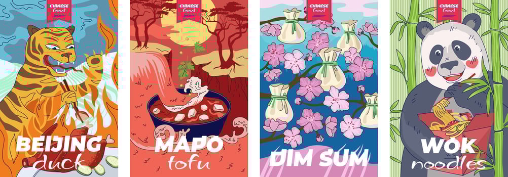 Chinese cuisine poster set. China national food banner dumplings dim sum or wonton and tiger with chopsticks eat peking duck. Oriental print soup dish mapo tofu. Panda hold noodle wok red box placard vector