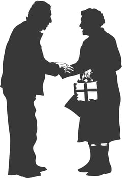 AI generated Silhouette elderly couple exchanging gifts black color only vector