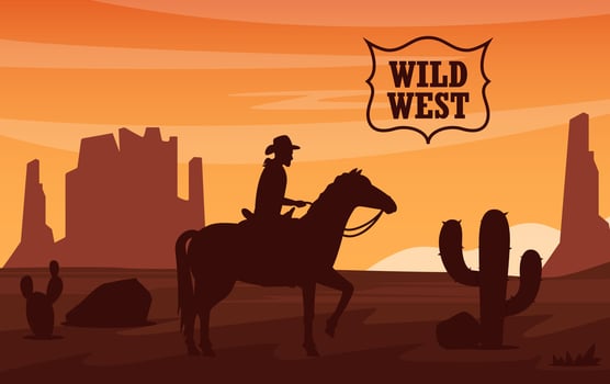 Desert landscape with silhouette of cowboy on horse, mountains, cactuses on sunset. Wild West Texas in flat style. Western scene. Wild West Arizona. illustration. vector