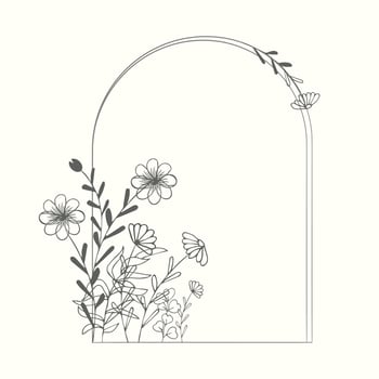 Elegant frame, background, floral wreath, gentle monogram with hand drawn wild herbs and flowers. vintage botanical illustration for invitation or wedding decor, logo, label, branding. vector