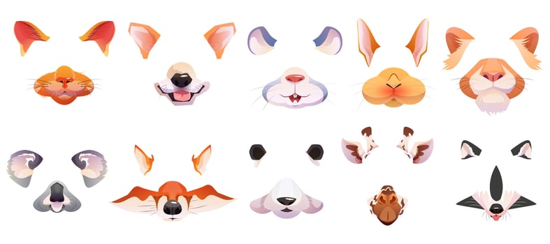 Cartoon set of face filter with cute animal masks for selfie photo or chat. Ears and nose of cat, dog, fox, raccoon, rabbit, lion, koala, mouse and giraffe for mobile phone app or social content vector