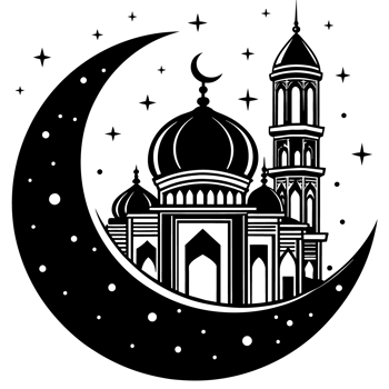 A black crescent moon adorned with stars cradles an elaborate mosque within its curve png