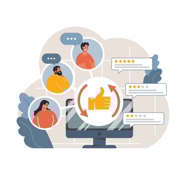 Diverse employees around a computer screen. Flat illustration vector