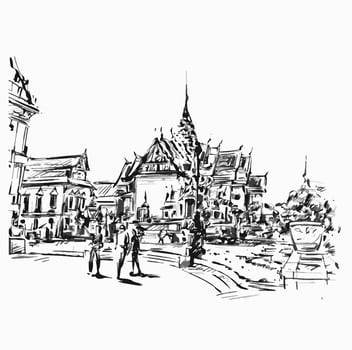 Drawing of Tourists at temple in Thailand vector