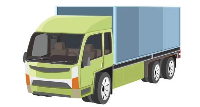 Cartoon or illustration of perspective Big truck with container. Can see interior of car with console and seats. Isolated white background. vector