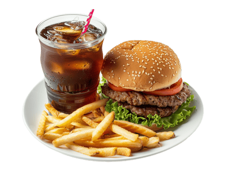 a hamburger and fries on a plate with a drink png