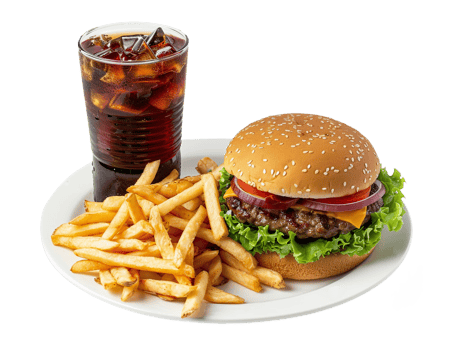 a hamburger and fries are on a plate with a drink png