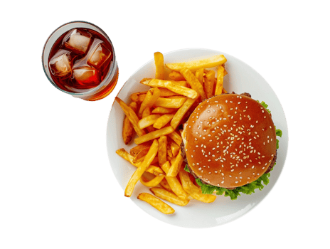 a hamburger and fries on a plate with a drink png