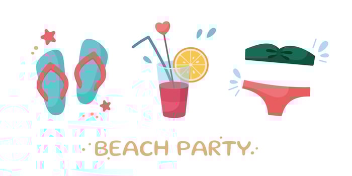 Beach party banner. Cute summer icons collection. Summertime elements. Beach games icons. Beach holidays elements. Cartoon illustration. Flat design. vector