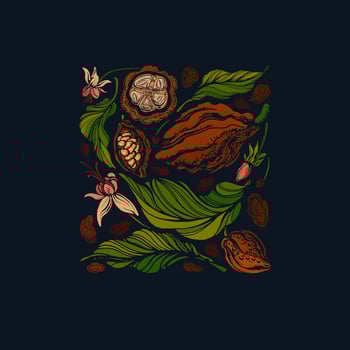 Cocoa. Dark chocolate. fruit, leaves, beans vector