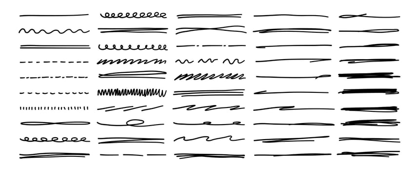 Hand drawn scribble lines. Swift crossed and wavy underlines by pen, pencil, marker. Big set. strokes isolated on white background. vector