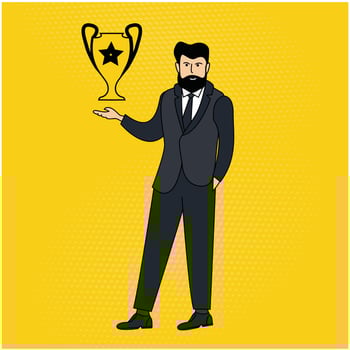 illustration of a businessman presenting a winning trophy vector