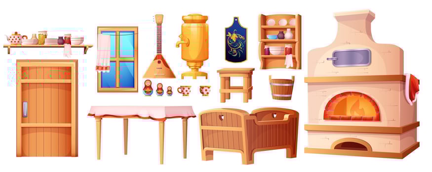 Cartoon old interior elements of the Russian hut. Ancient kitchen with traditional stove, wooden baby cradle, table, samovar set isolated on white background. Ukrainian rural house with window, door. vector