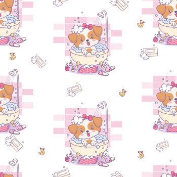 Seamless pattern with dog girl bathes in bath png