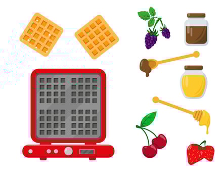 Waffle iron with waffles and ingredients for serving and decorating. vector