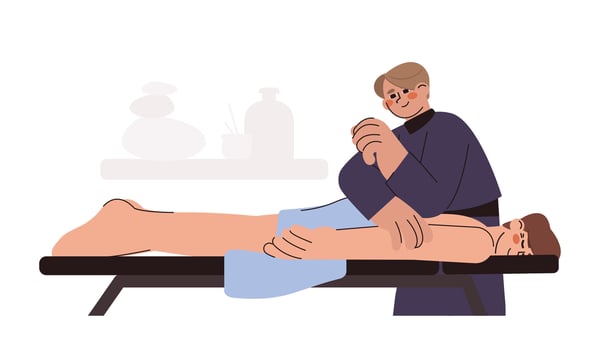 Flat chiropractor treating pain in lower back. Patient lying down on couch and doctor osteopath pressure to spine with elbow. Physiotherapist massaging to man. Rehabilitation or manual therapy. vector