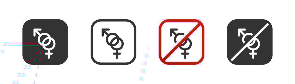 No gender differences. Banned gender signs, no contraceptives. Male and female, caution, attention, heterosexual relationships. Simple flat illustration. vector